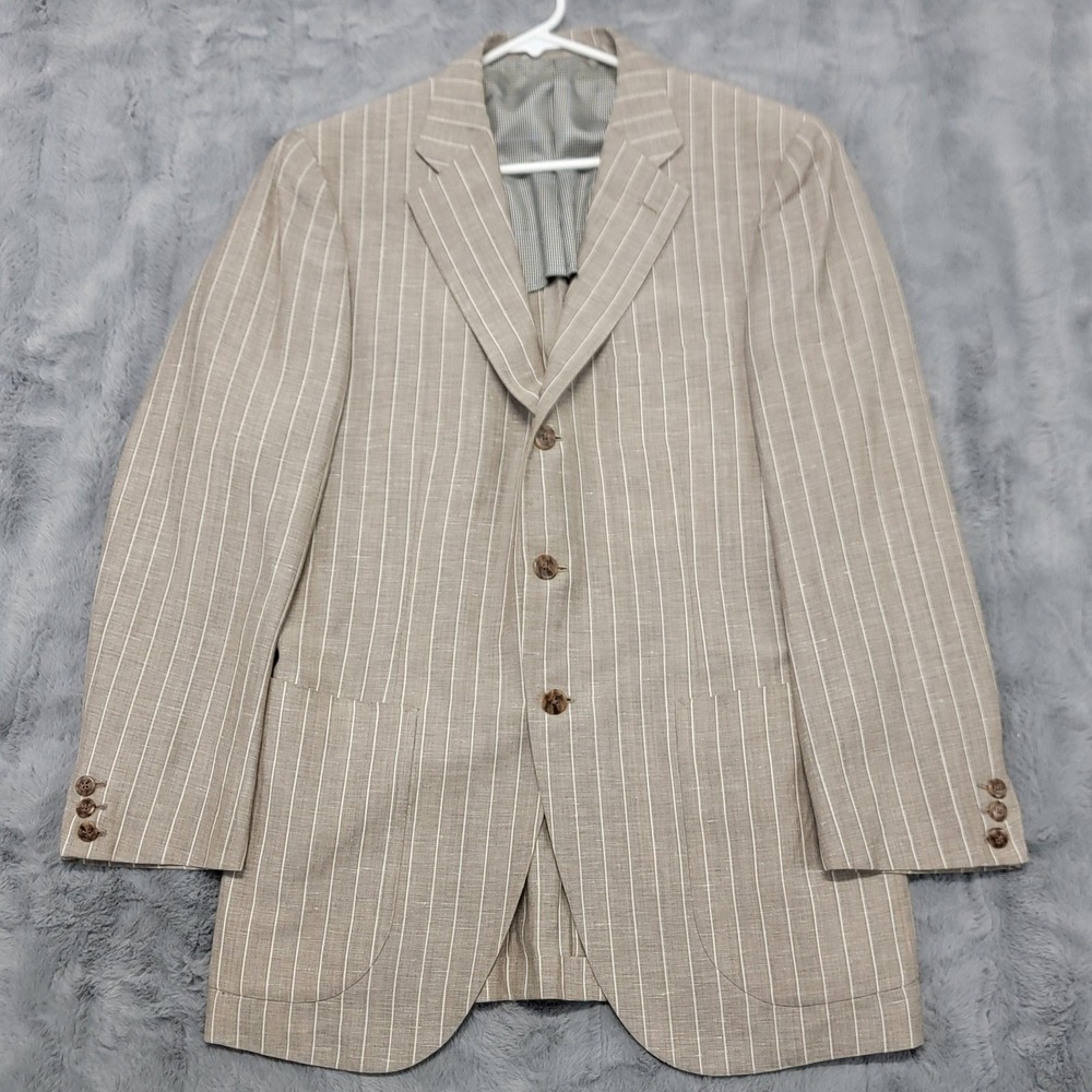 Crittenden Blazer Mens 40R (Fits 38R) Taupe Striped Wool Linen Sport Coat Silk